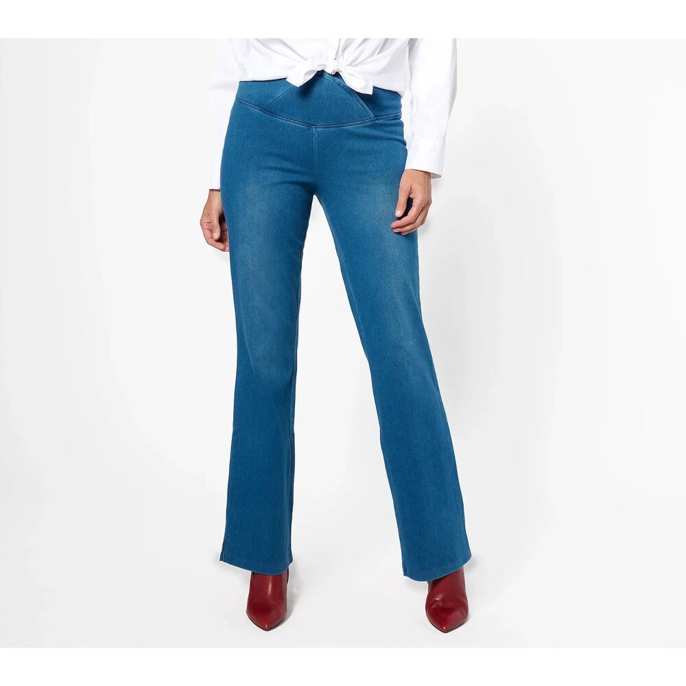 Women with Control Petite Elite Prime Stretch Denim Flare Pants Size 32WP Blue